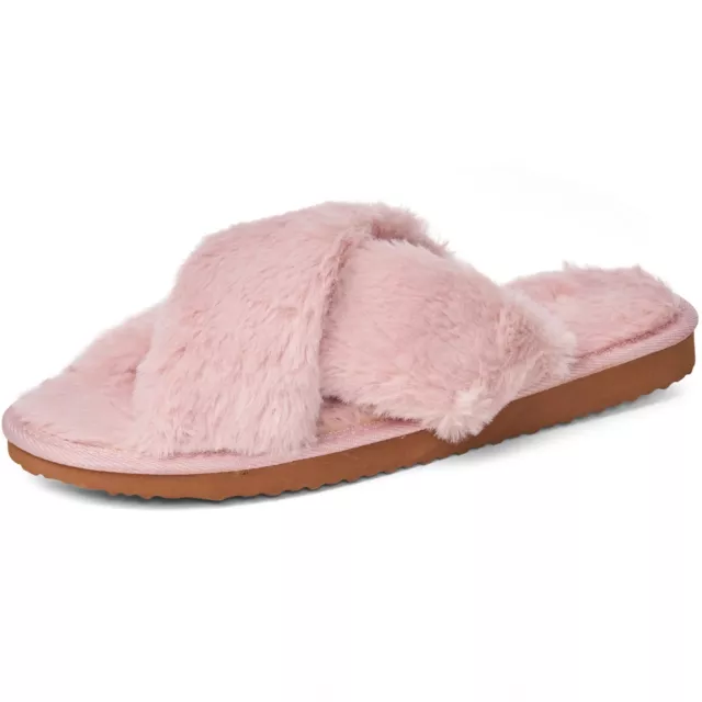 Womens Fuzzy Fluffy Slippers Memory Foam Indoor Outdoor Flat Sandals Pink Suede