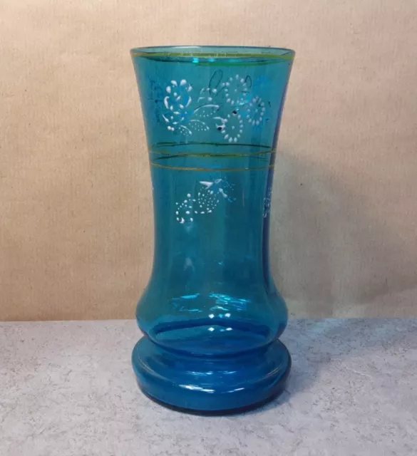 Antike VASE, dünnes, blaues GLAS, florale EMAILLE - MALEREI, BLÜTEN, GOLDRAND