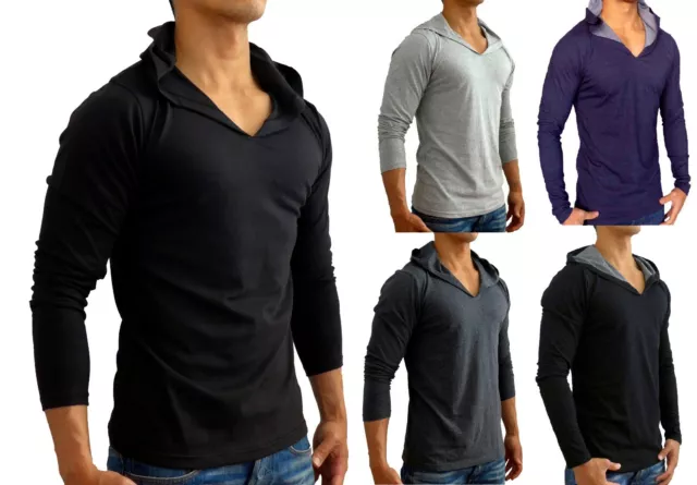 Mens Hooded Long Sleeve T Shirt Raglan S - M Slim Fit Casual Gym Basic Plain