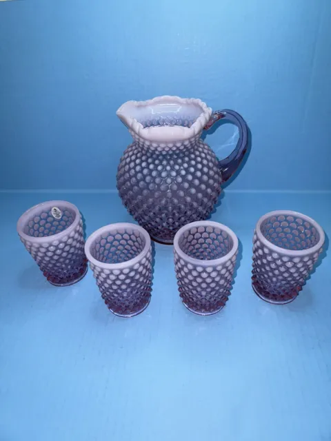 Fenton Cranberry / Pink Opalescent Hobnail Pitcher 4 Tumbler Set