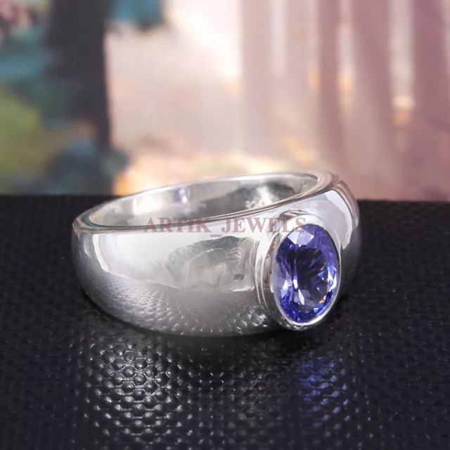 Natural Tanzanite Gemstone with 14K White Gold Plated Silver Ring for Men #1572