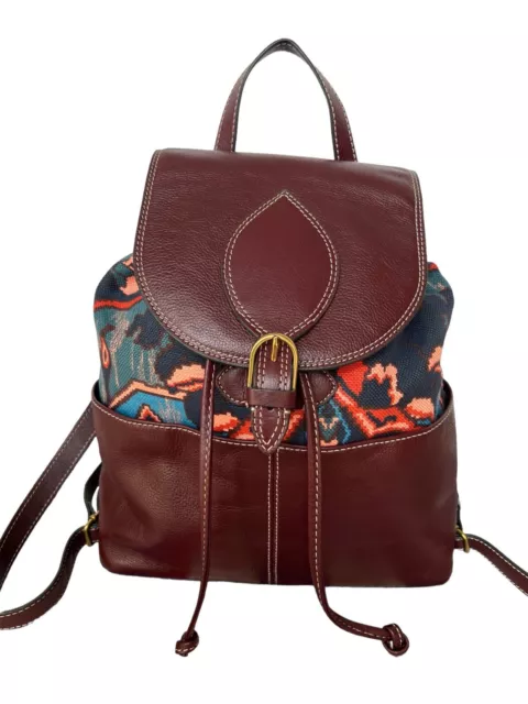 Fossil Luna Backpack Brown Leather Multi Color Canvas Pockets