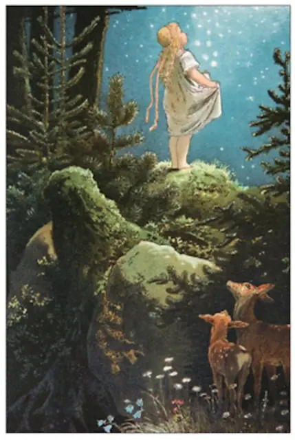 Fairy Tale Postcard: Vintage Print Repro - Girl Under the Stars, Forest, Deer