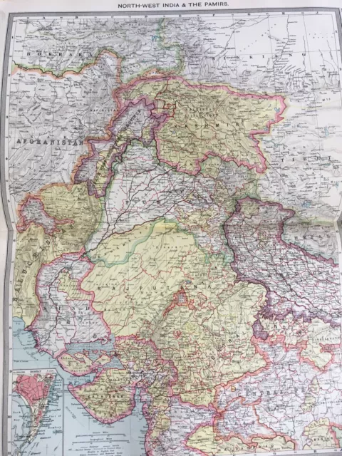 India & The Pamirs Original Antique Map North West India 1907 Harmsworth Large 2