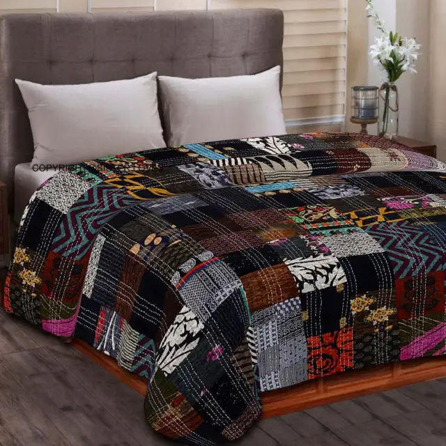Indian Silk Beautiful Patola King Size Bedspread Throw Patchwork Quilt Blanket