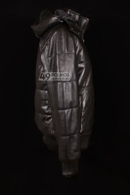 Men's Puffer Hooded Lambskin Leather Jacket Black Real Napa Jacket 4502-B 2