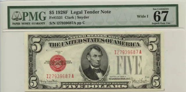 1928F $5 Legal Tender Red Seal Wide I Fr# 1531 PMG Superb Gem67
