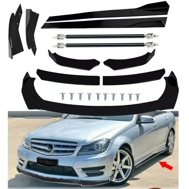 Front Bumper Lip Spoiler Splitter For Mercedes Benz W204 W205 Strut Rod Glossy