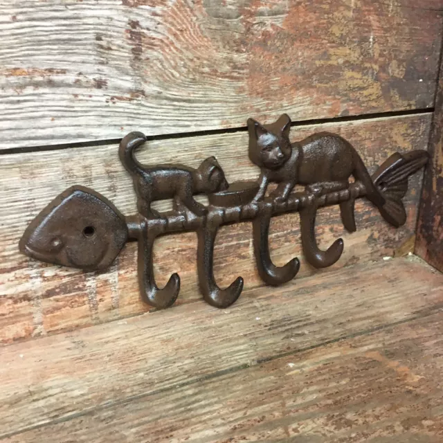 Cast Iron Cat & Kitten Fishbone Wall Hanger 4 Hook Coat Hat Towel Rack Cute