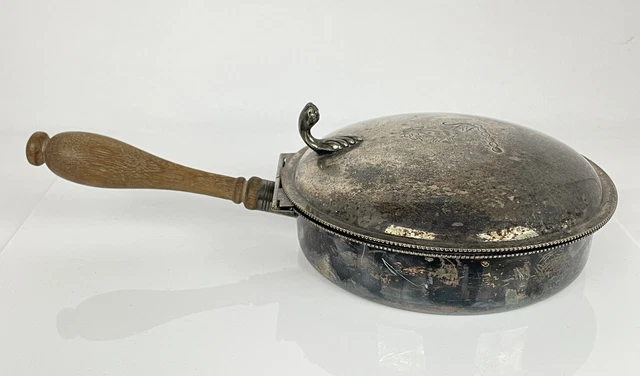 Vintage Silver Plate Pan/Hinged Lid w/Horse Crown~Wood Handle~Brush