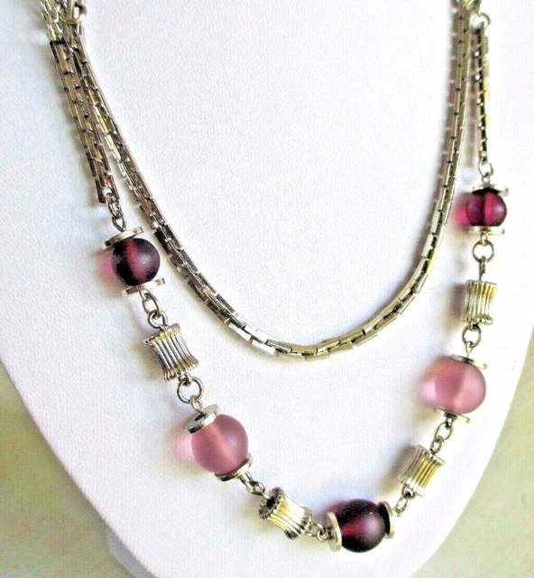 Collier Vintage Double Rang Perles Violettes Argenté - Bijou Ancien état Impeccable