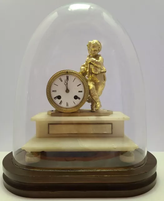 Antique 1880 S. MARTI French Victorian Gold Gilt Figural Glass Dome Mantel Clock