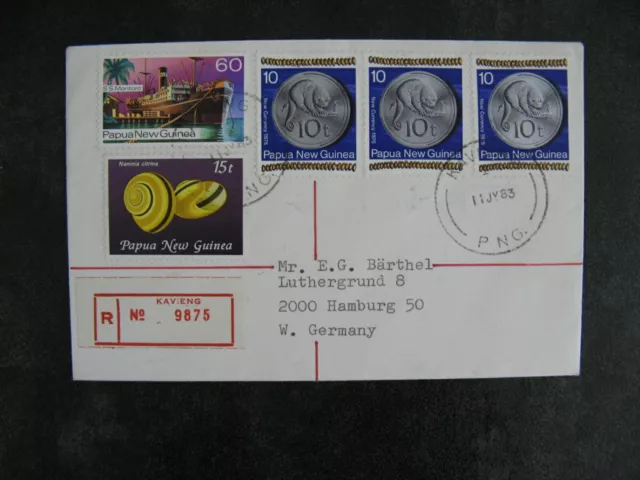 PAPUA NEW GUINEA, R-cover to Germany, Kavieng 1983, ao coins momey shell ship