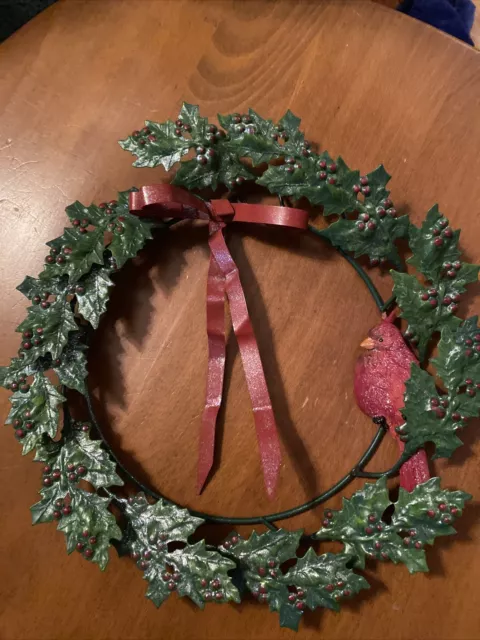 Vintage Metal Door Wreath Holly Berries Red Bow And Cardinal 10” Diameter