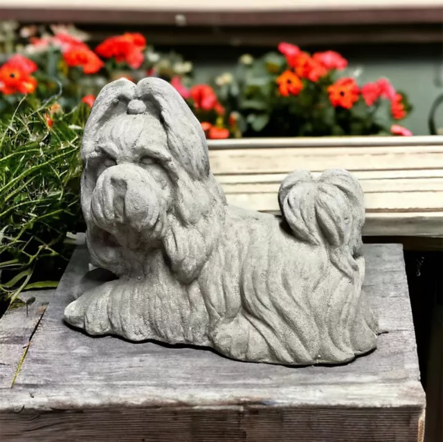 Concrete Shih Tzu Garden Statue Laying Dog Memorial Stone Pet Lovers Gift 9"