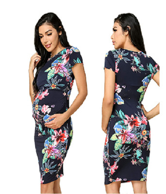 Maternity Bodycon Floral Dress Short Sleeve Ruched Sides Knee Length XL BLACK