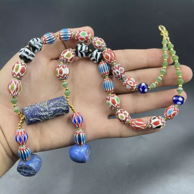 Ancient Roman Glass Beads Mosaic Glass With Ancient Lapis Seal Stamps Necklace