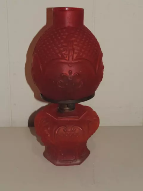 Miniature 10" Red Satin Glass Oil Lamp Base & Globe Beast & Fleur De Lis Designs