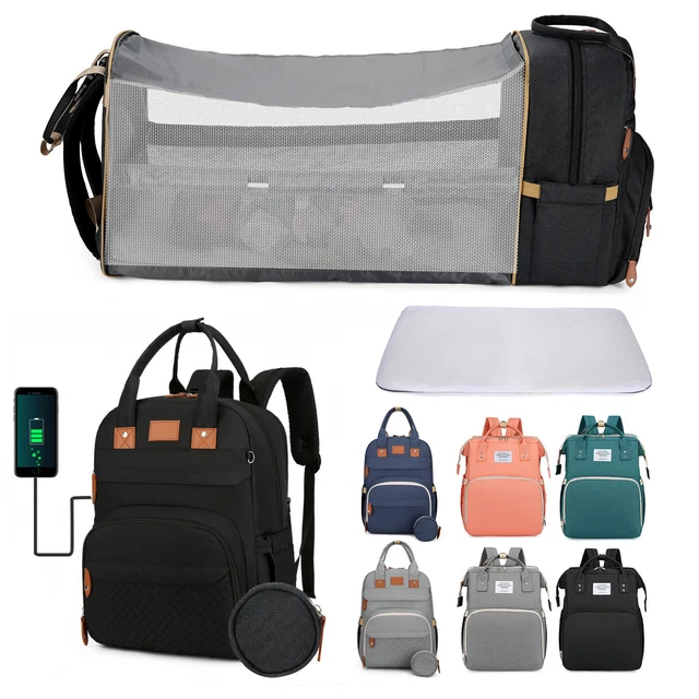 Waterproof 3in1 Diaper Bag Mommy Backpack with Bassinet Crib Pad USB Port Travel