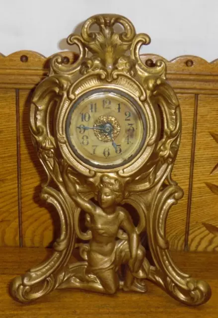 Antique 1906 Art Nouveau Gold Painted Westclox 420 Shelf Clock w/ Woman -10 3/4"