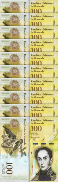 Venezuela 100000 100,000 Bolivares 2017, UNC, 10 Pcs LOT, Consecutive, P-100b