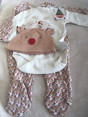 “Next” Baby Christmas Sleep Suit +Romper Suit +Hat Set Fit Upto 3 Months Bnwt
