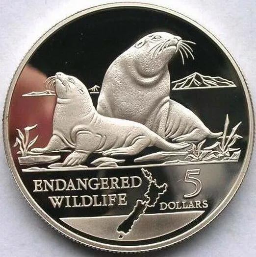 New Zealand 1993 Hooker Sea Lions 5 Dollars Silver Coin,Proof