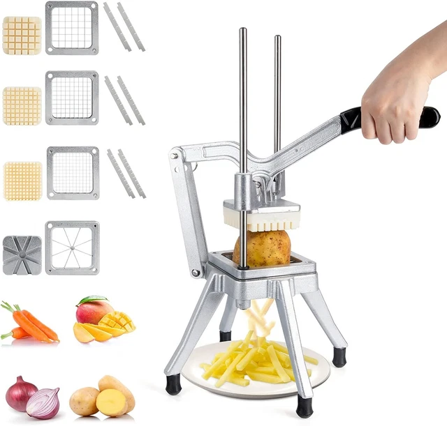 French Fry Cutter Potato Chipper Vegetable Slicer with 2 Interchangeable  Stainless Steel Grid Blades for Homemade Chips Fries Potatoes Carrots  Cucumbers Veggie Sticks, Red 