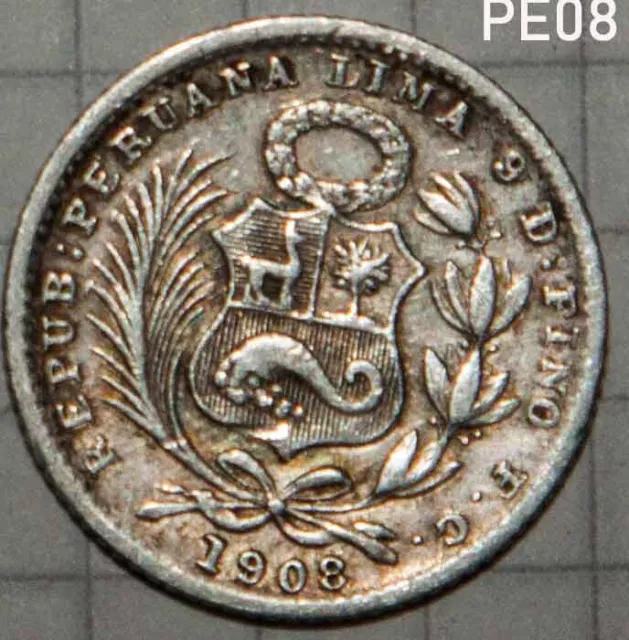 Peru Silver Dinero 1908 FG  90%  Fine-VF  VE08