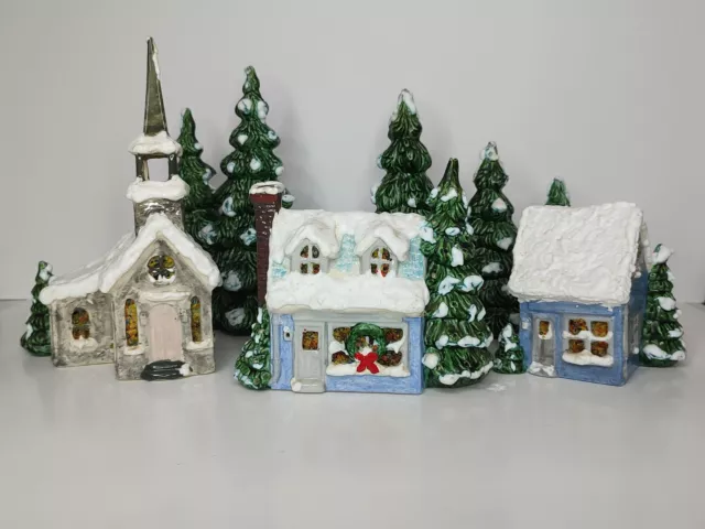 Christmas Village Set Buildings, Trees and people - Pearl white
