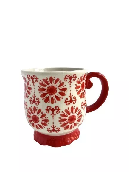 Pioneer Woman Stoneware Mug Red - White Pedestal Base in Red Floral Burst Design