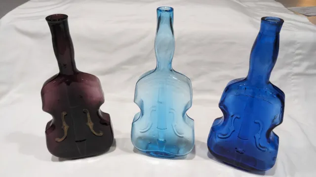 Set Of 3 Blown  Glass Violin Shaped Bottles 10” Tall Lt Blue, Cobalt & Amethyst