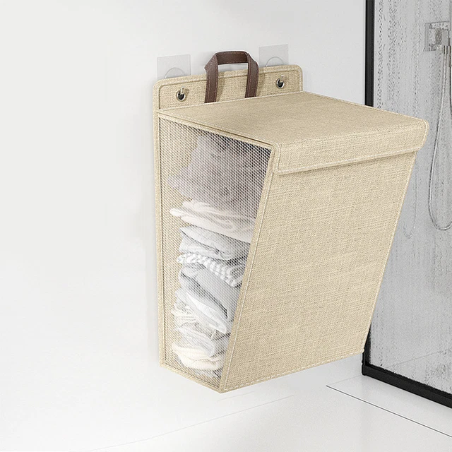 (Beige L Size)Laundry Basket Large Capacity Wall Mounted Multifunctional