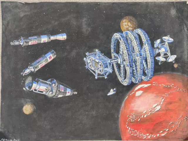 Large Hand-painted space station Watercolour and charcoal picture signed