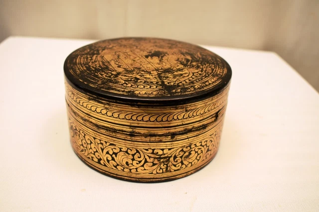 Antique Burmese Betel Nut Box Gilt Lacquerware Myanmar Floral Gold Painted King" 11