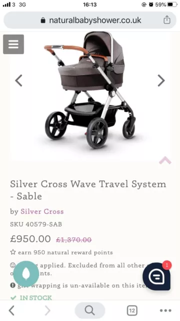 Silver Cross Wave Pram Incl Carrycot Infant Baby Platinum/Charcoal Lunar New