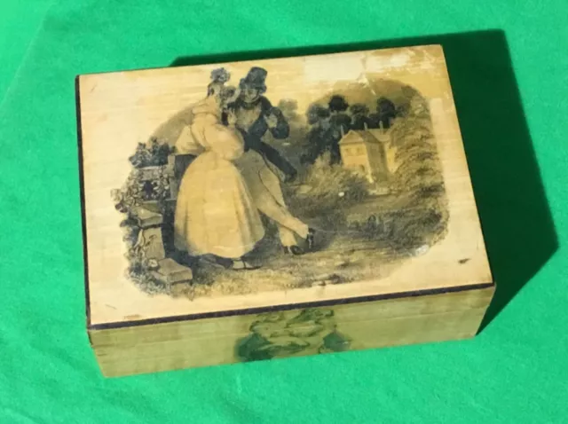 Old c1840 Antique Wide Square Corner Playing Cards Wooden Box GIRL + MAN + CHILD