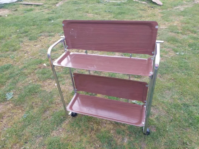 Vintage Mid-century Two Tier folding cocktail trolley 2 trays chrome casters