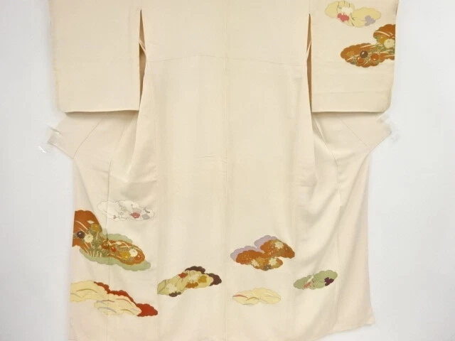38510# Japanese Kimono / Antique Kimono / Embroidery / Cloud With Flower