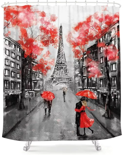 Paris Eiffel Tower Shower Curtain Oil Painting Paris Couple Fabric Bath Curtains