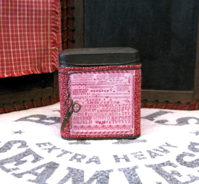 Small Antique Pantry Tin Red Calico w Photo Print of Antique Redwork Sampler