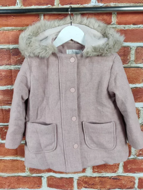 Girls Zara Pink Padded Coat Jacket Age 3-4 Years Fur Trim Woven Winter Vgc 104Cm