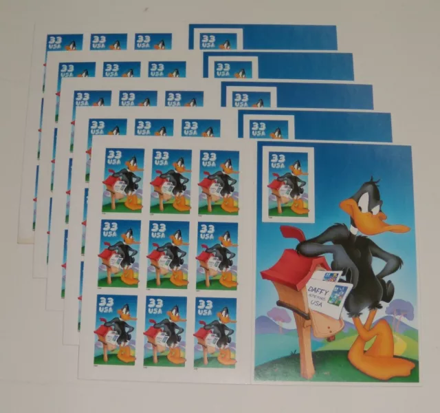 Five Booklets x 10 = 50 of Looney Tunes DAFFY DUCK 33¢ US USA Stamps. Sc # 3306 3