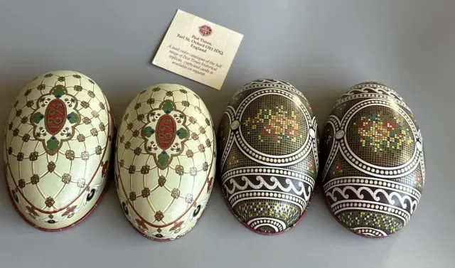 2 Past Time England Replica of Faberge Eggs Litho Eggs Enameled Tin Eggs Trinket