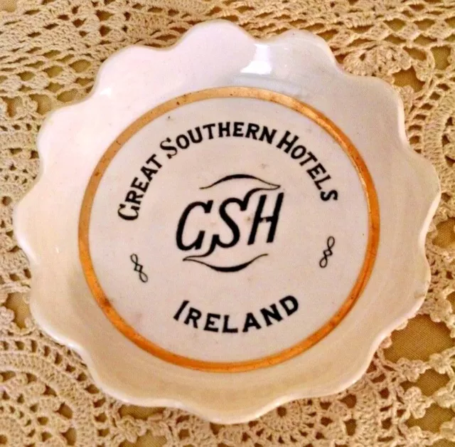 Great Southern Hotels Ireland Ashtray Arklow Ware Vintage Ceramic Gold Stripe.