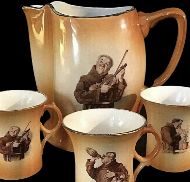Antique Pitcher And Cups Friar Tuck Monks Porcelain