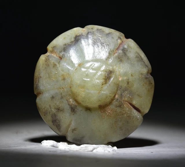 1.8" Old Chinese Hongshan Culture Jade Carved Lotus Yu bi Statue Pendant
