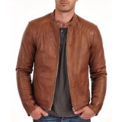 Leather Men's Jacket Genuine Lambskin Brown Biker Simple Men s Jacket