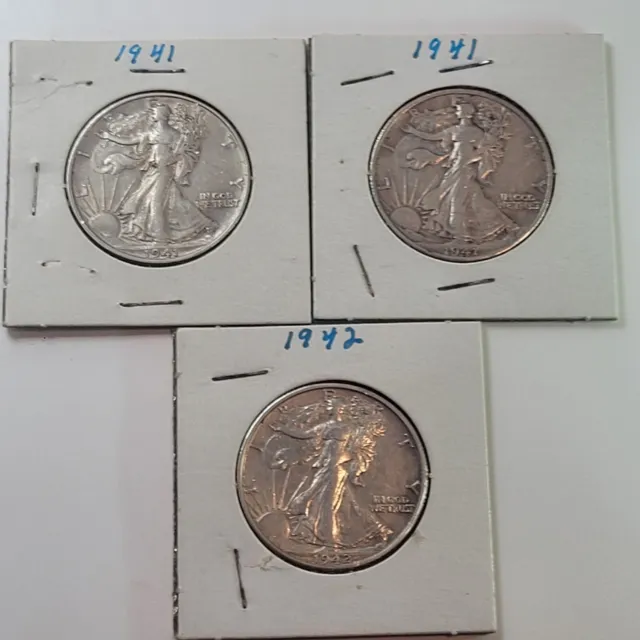 Lot Of 3 US Half Dollars Liberty Walking 90% Silver (2) 1941 & (1)1942 Ungraded