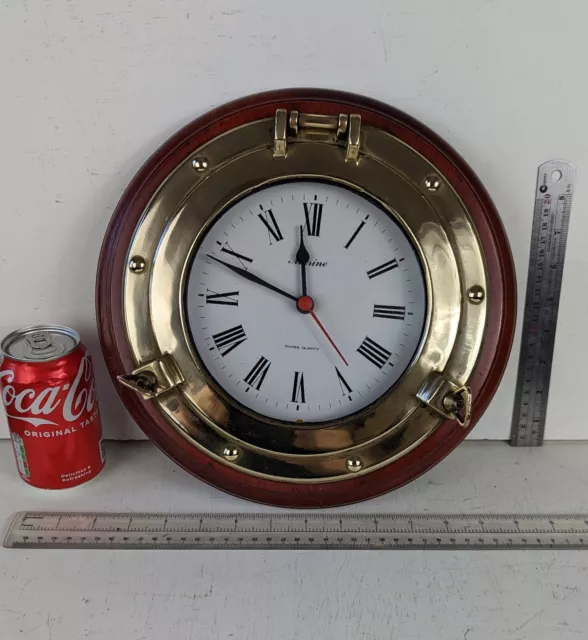 Vintage 'Marine' Brass & Mahogany Wall Clock in the form of a Ships Porthole...